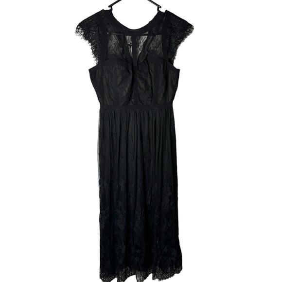 Parker Black lace cocktail dress 2  gothic witchy goblincore midi sheer illusion - Picture 2 of 15